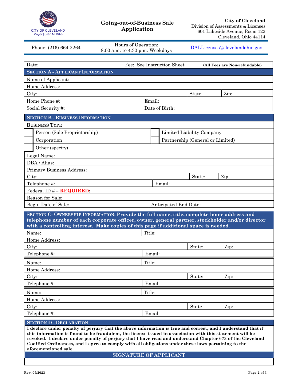 Going-Out-Of-Business Sale Application - City of Cleveland, Ohio, Page 2