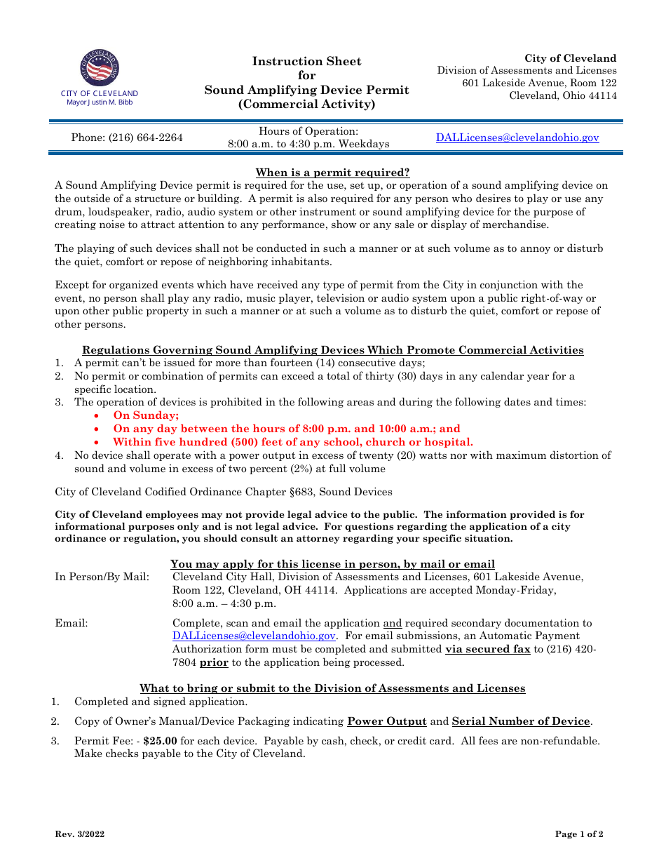 Sound Amplifying Device Permit (Commercial Activity) Application - City of Cleveland, Ohio, Page 1