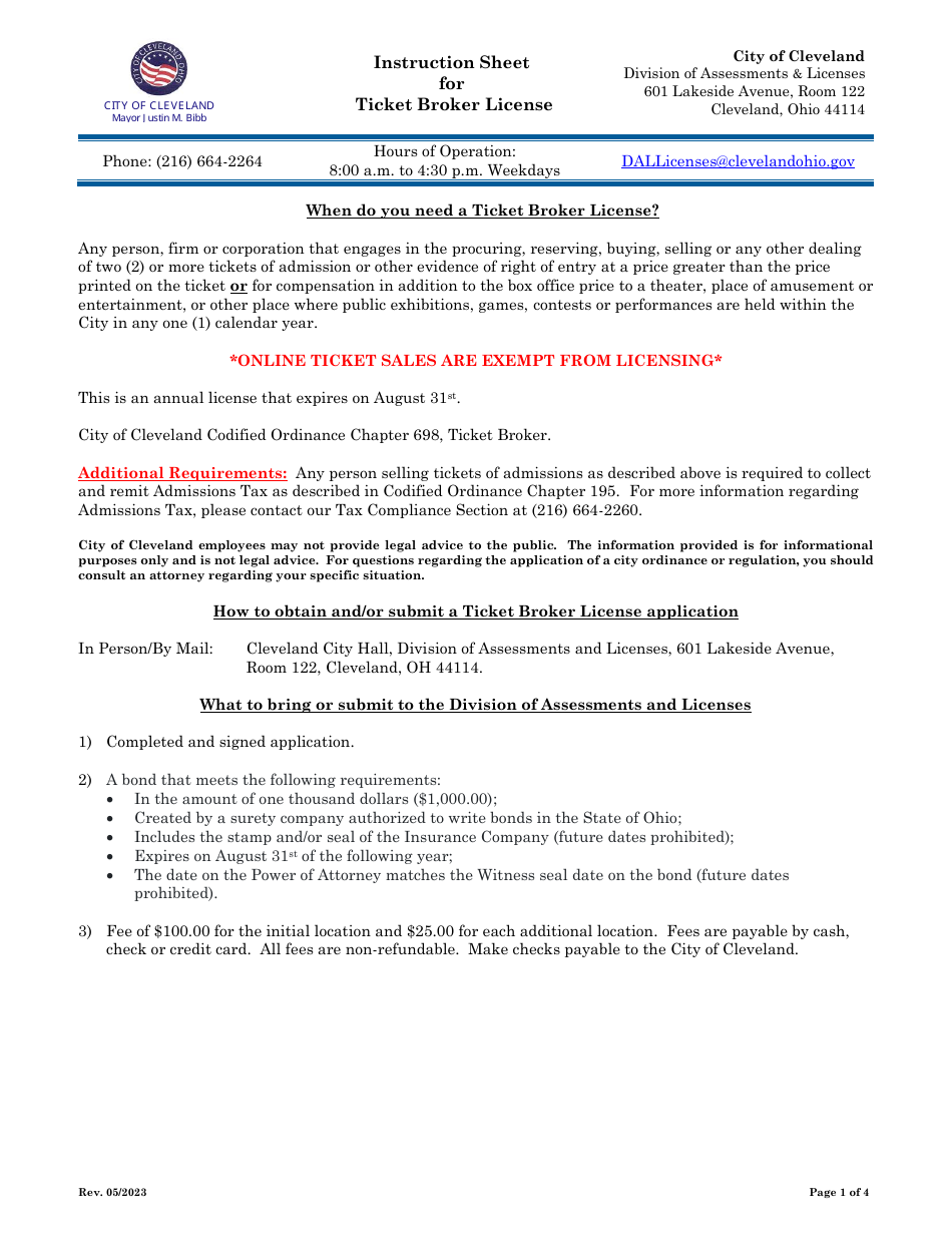 Ticket Broker License Application - City of Cleveland, Ohio, Page 1