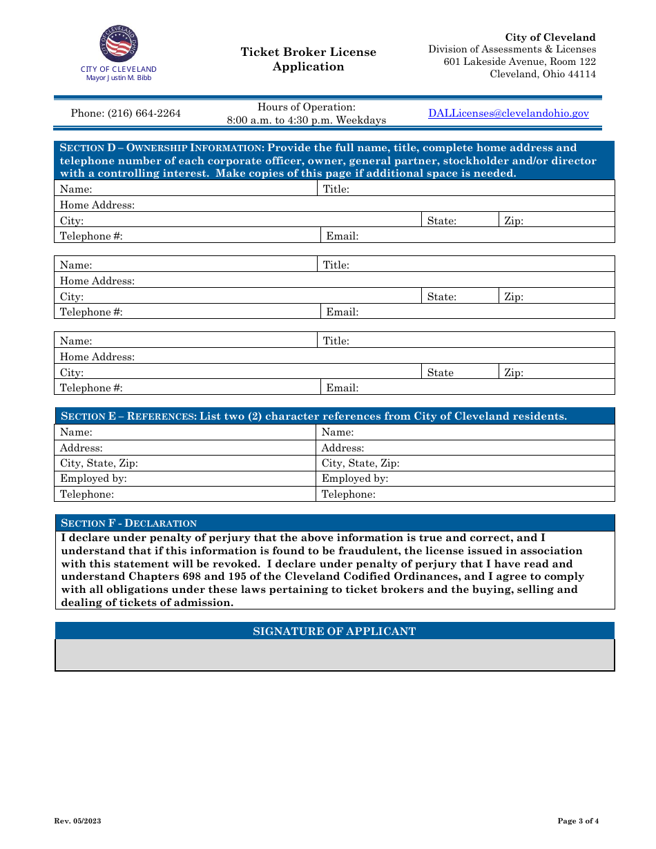 Ticket Broker License Application - City of Cleveland, Ohio, Page 3