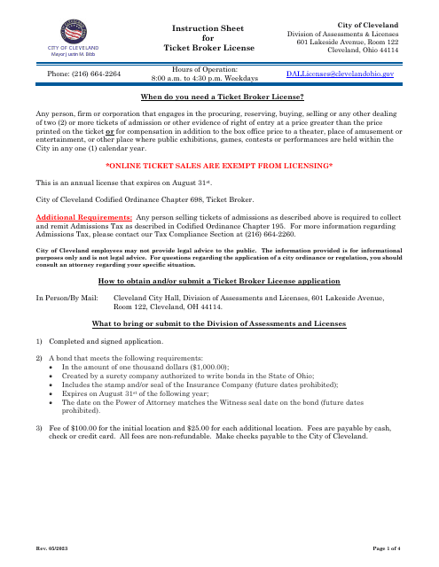 Ticket Broker License Application - City of Cleveland, Ohio Download Pdf