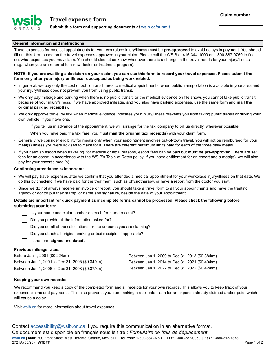 Form 2721A Travel Expense Form - Ontario, Canada, Page 1