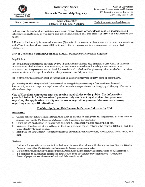 Domestic Partnership Registry Application - City of Cleveland, Ohio Download Pdf