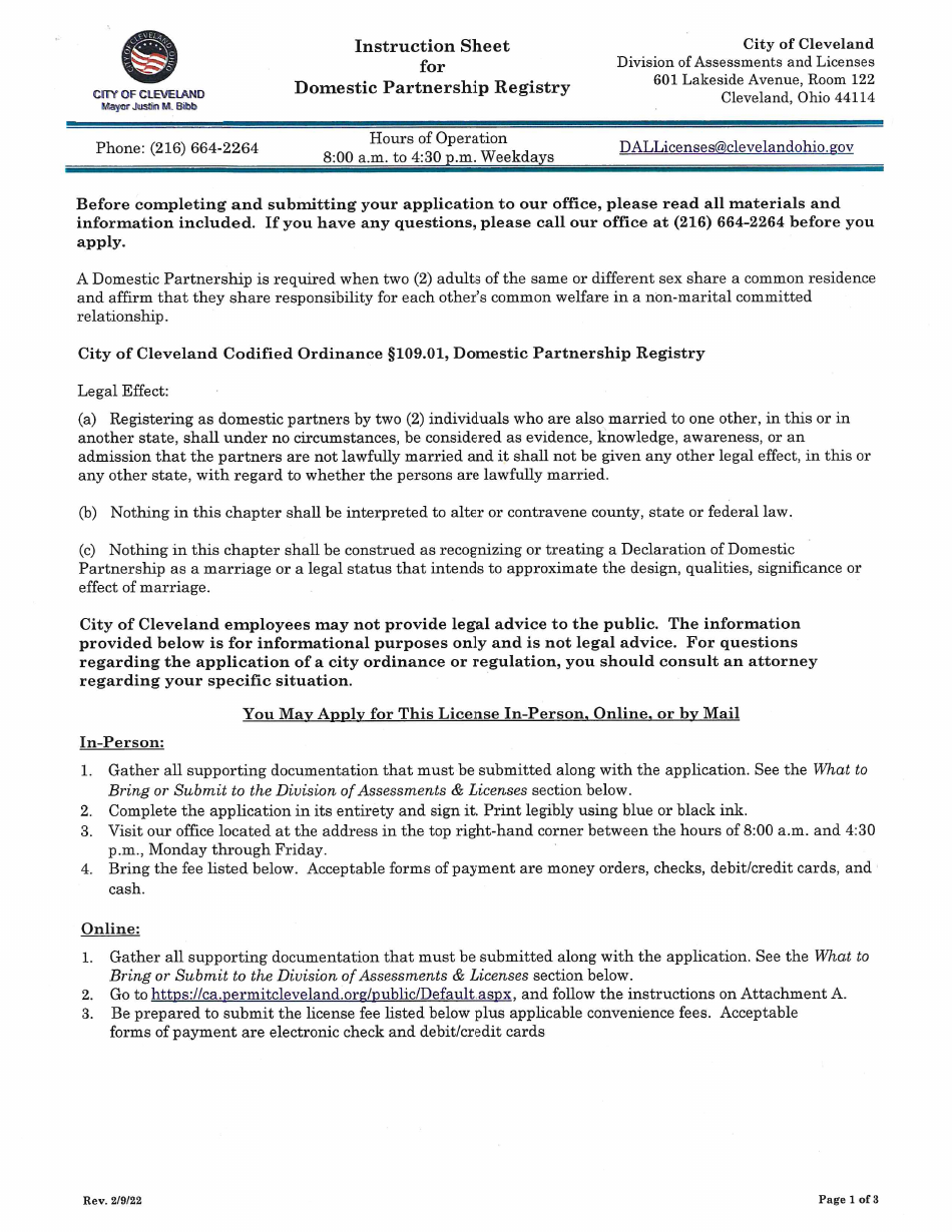 Domestic Partnership Registry Application - City of Cleveland, Ohio, Page 1