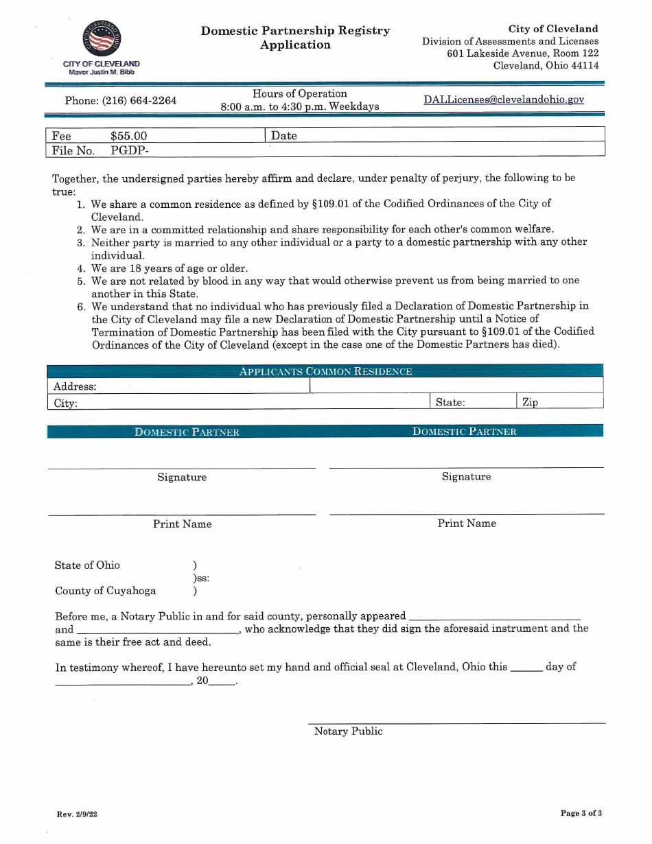 City Of Cleveland Ohio Domestic Partnership Registry Application Fill Out Sign Online And 2725