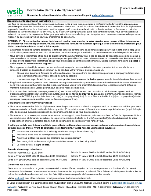 Forme 2721B Formulaire De Frais De Deplacement - Ontario, Canada (French)