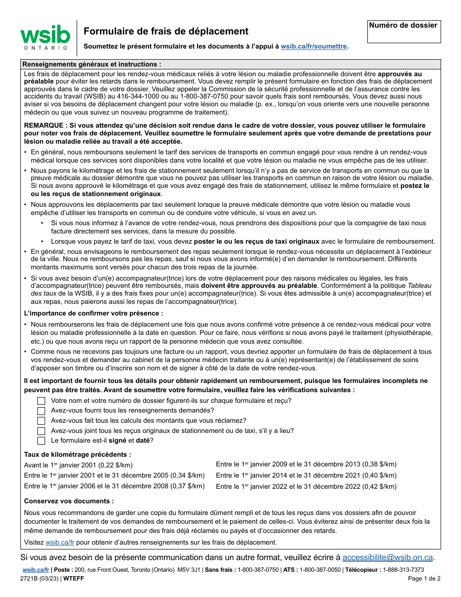 Forme 2721B Formulaire De Frais De Deplacement - Ontario, Canada (French), Page 1