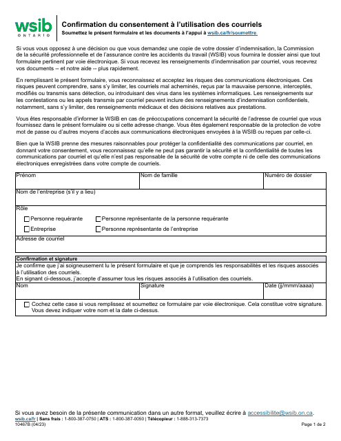Forme 10467B Confirmation Du Consentement a L'utilisation DES Courriels - Ontario, Canada (French)