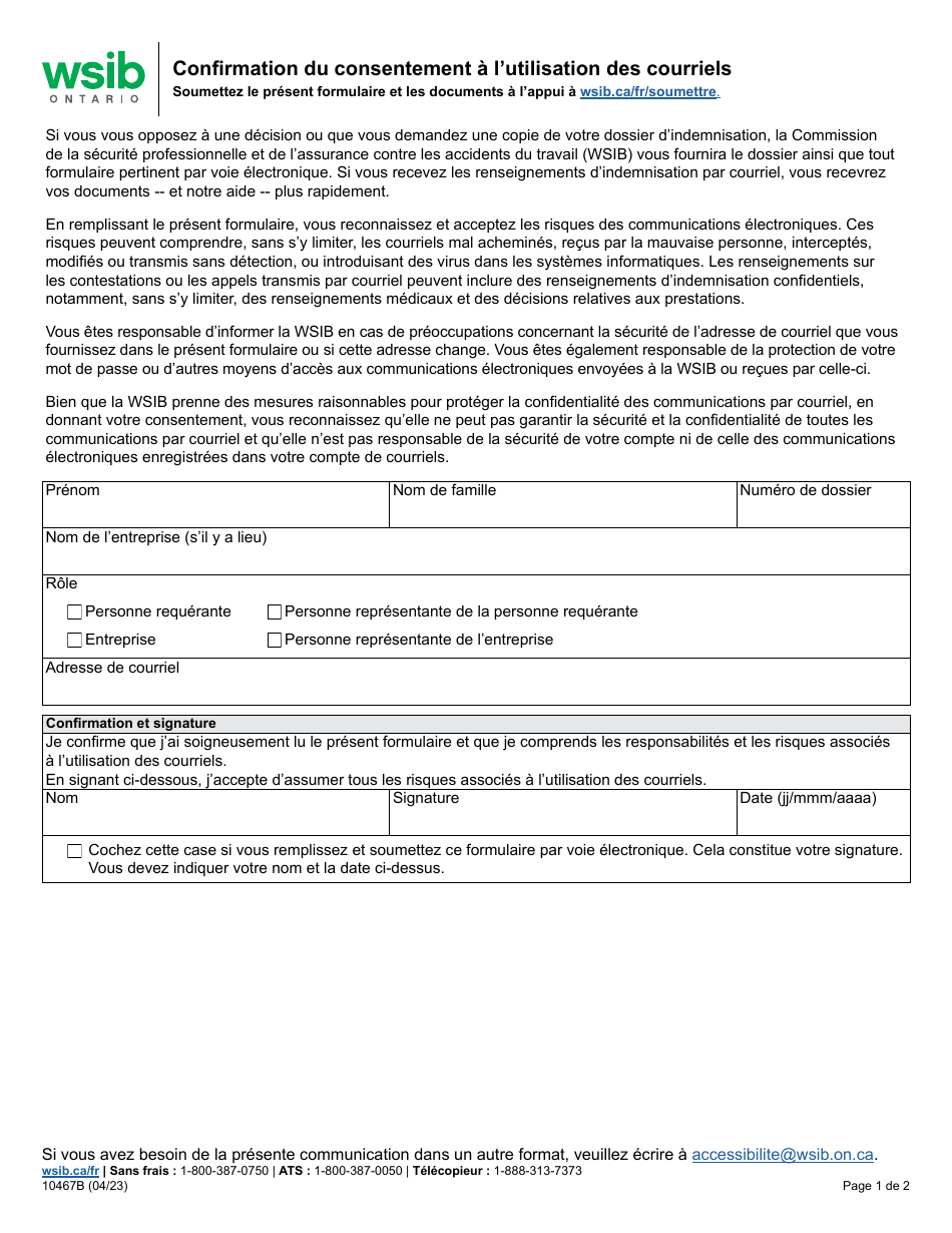 Forme 10467B Confirmation Du Consentement a Lutilisation DES Courriels - Ontario, Canada (French), Page 1