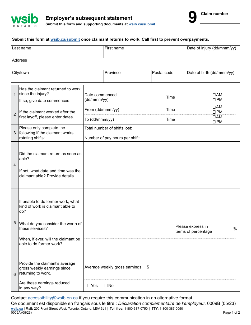 Form 0009A Employers Subsequent Statement - Ontario, Canada, Page 1