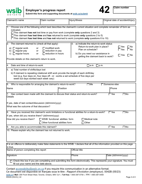 Form 0042A Employer's Progress Report - Ontario, Canada