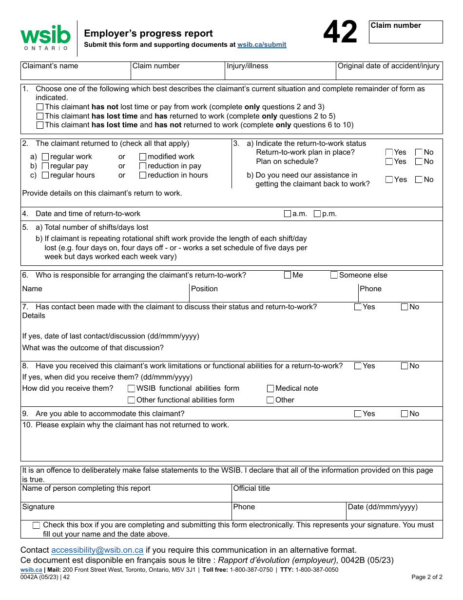Form 0042A Employers Progress Report - Ontario, Canada, Page 1