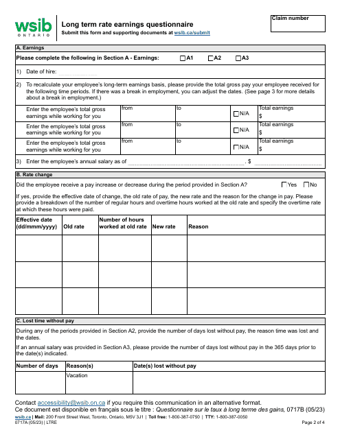 Form 0717A Long Term Rate Earnings Questionnaire - Ontario, Canada