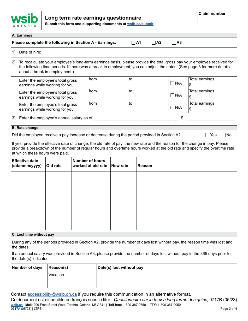 Form 0717A Long Term Rate Earnings Questionnaire - Ontario, Canada, Page 1