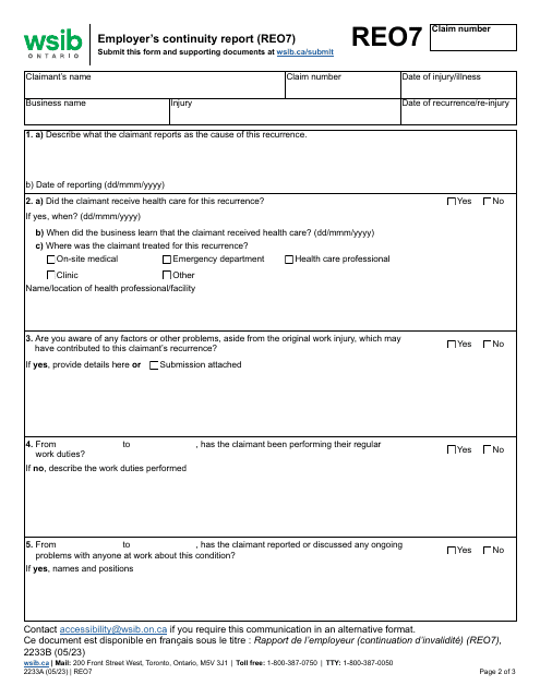 Form REO7 (2233A)  Printable Pdf