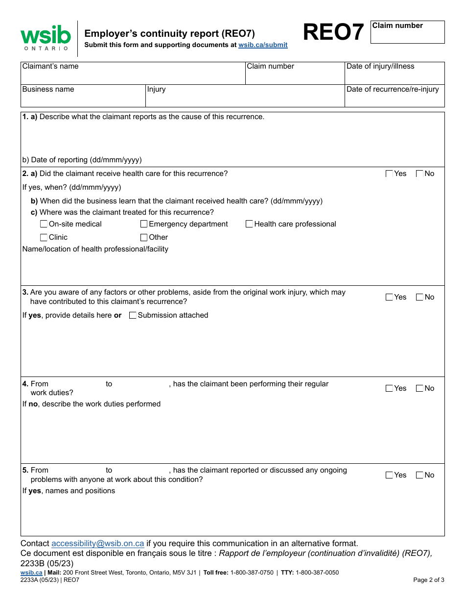 Form REO7 (2233A) Employers Continuity Report - Ontario, Canada, Page 1