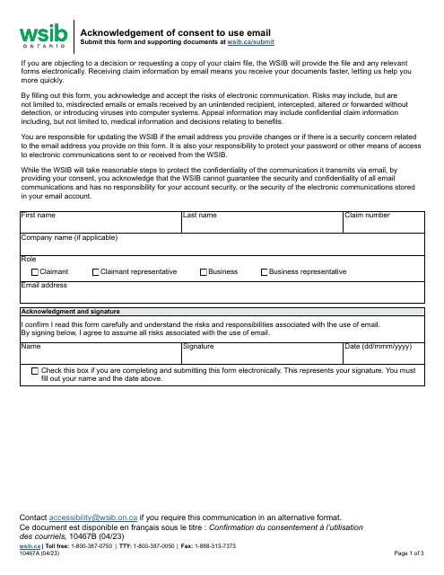 Form 10467A Acknowledgement of Consent to Use Email - Ontario, Canada