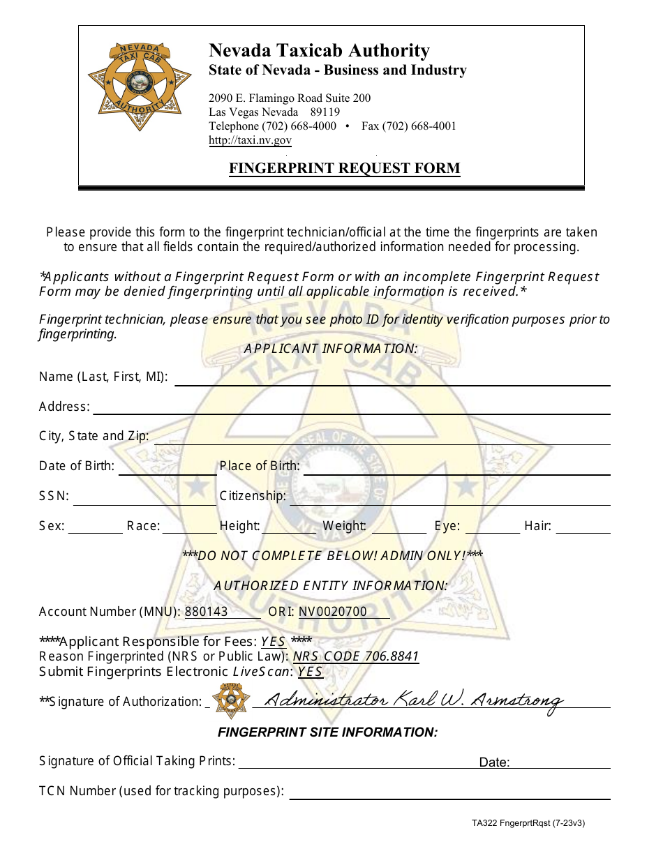 Form TA322 Fingerprint Request Form - Nevada, Page 1