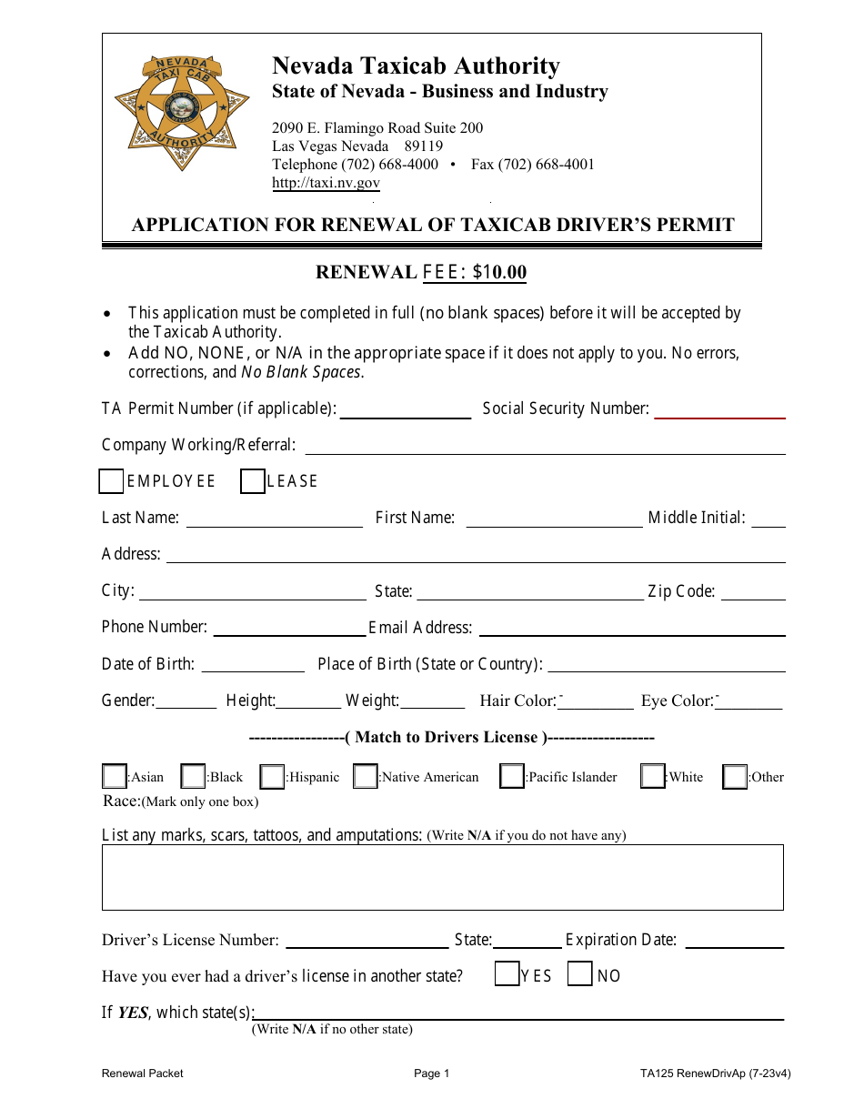 Form TA125 Application for Renewal of Taxicab Drivers Permit - Nevada, Page 1