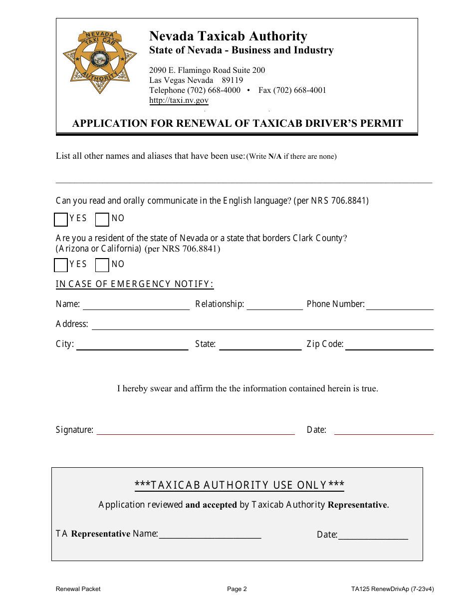 Form TA125 Application for Renewal of Taxicab Drivers Permit - Nevada, Page 2