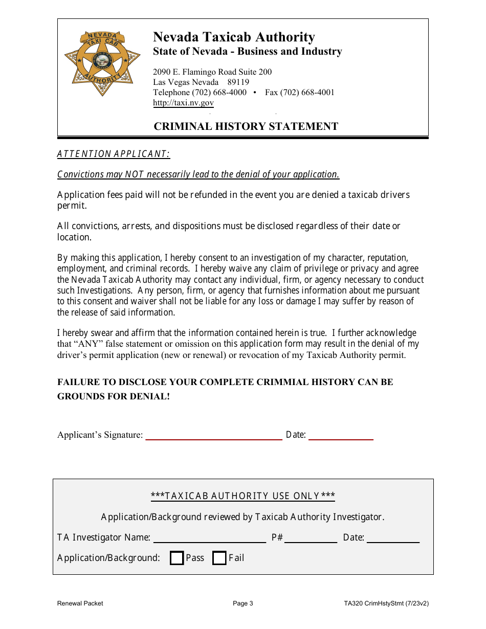 Form TA125 Application for Renewal of Taxicab Drivers Permit - Nevada, Page 3