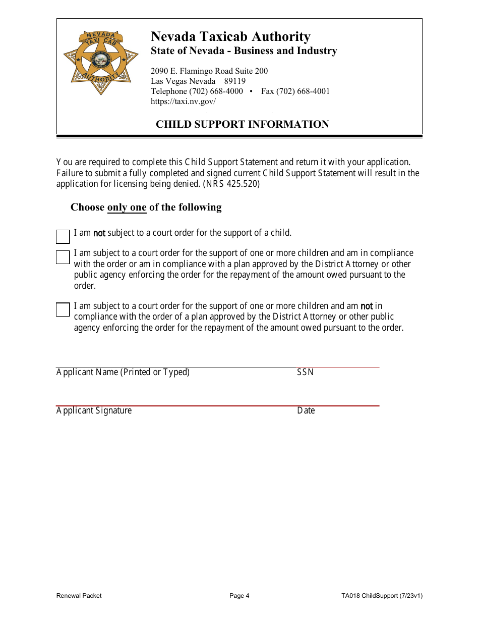 Form TA125 Application for Renewal of Taxicab Drivers Permit - Nevada, Page 4