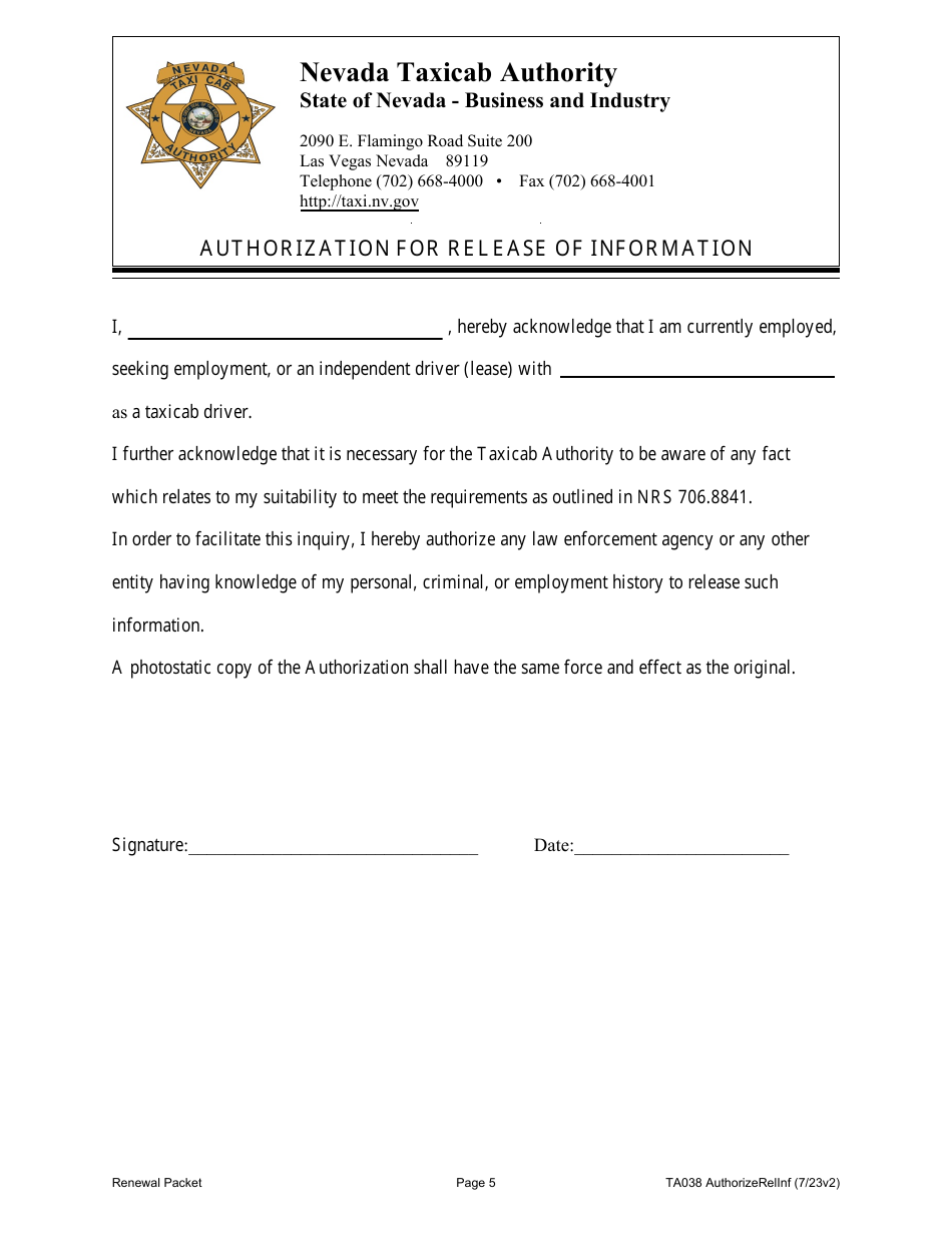 Form TA125 Application for Renewal of Taxicab Drivers Permit - Nevada, Page 5