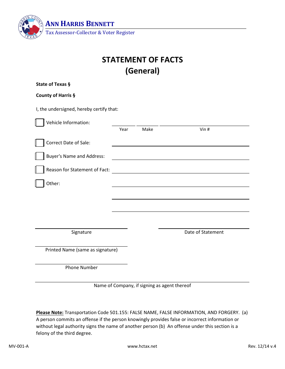 Form MV-001-A Statement of Facts (General) - Harris County, Texas, Page 1