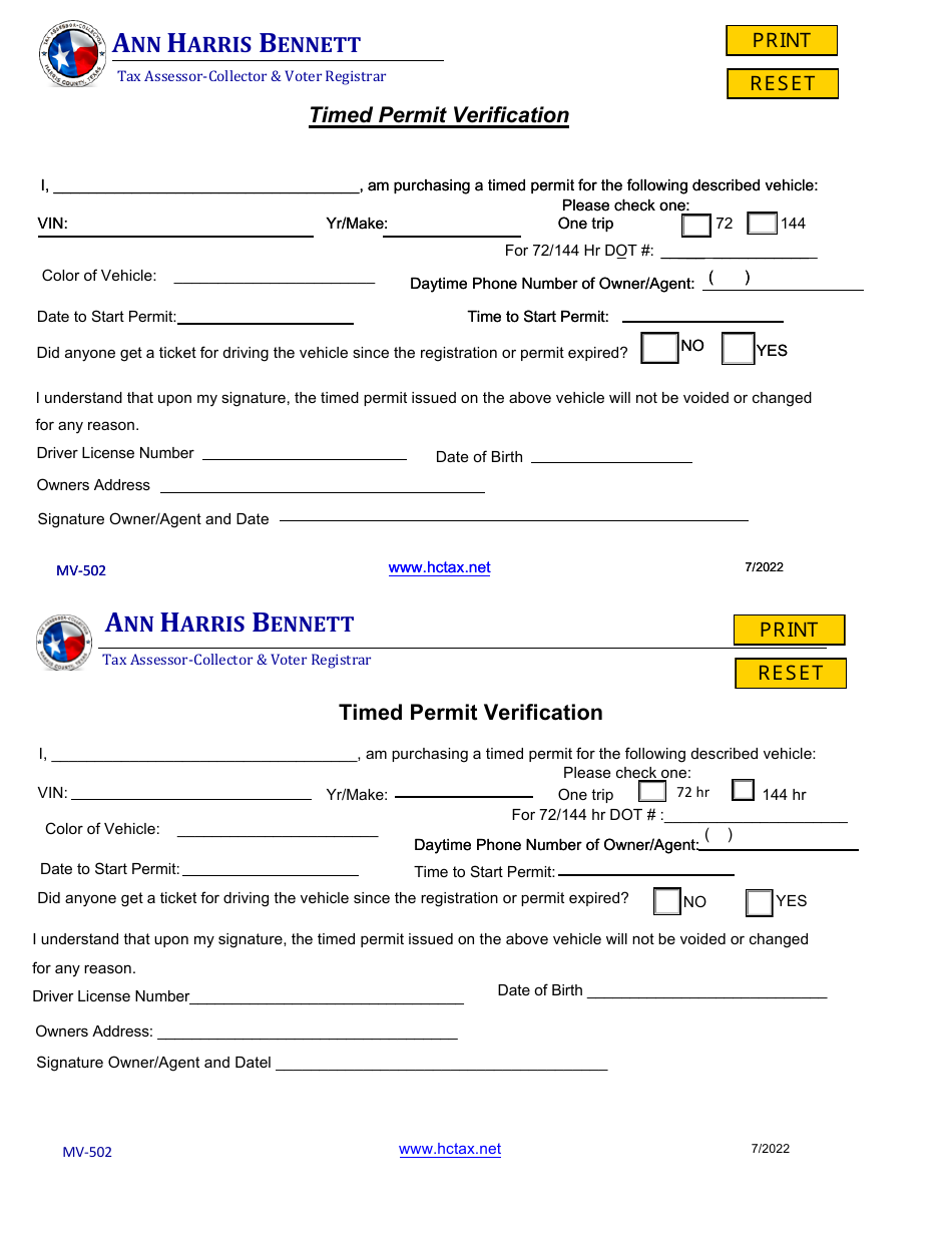 Form MV-502 Timed Permit Verification Form - Harris County, Texas, Page 1
