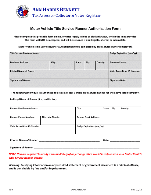Form TS-4 Motor Vehicle Title Service Runner Authorization Form - Harris County, Texas