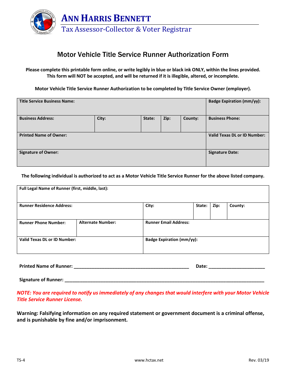 Form TS4 Fill Out, Sign Online and Download Fillable PDF, Harris