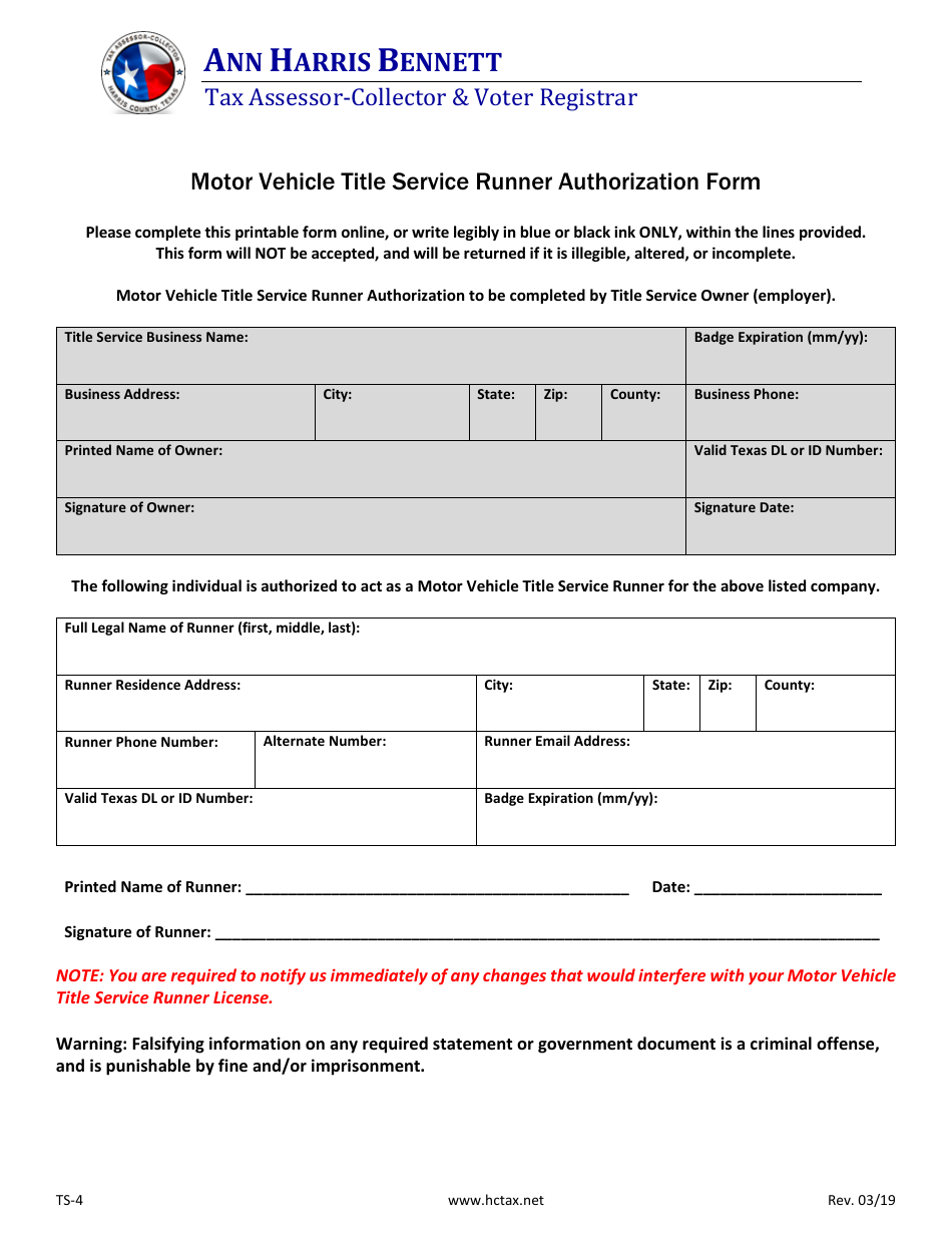 Form TS-4 Motor Vehicle Title Service Runner Authorization Form - Harris County, Texas, Page 1