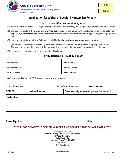 Form SIT-WPI Application for Waiver of Special Inventory Tax Penalty - Harris County, Texas