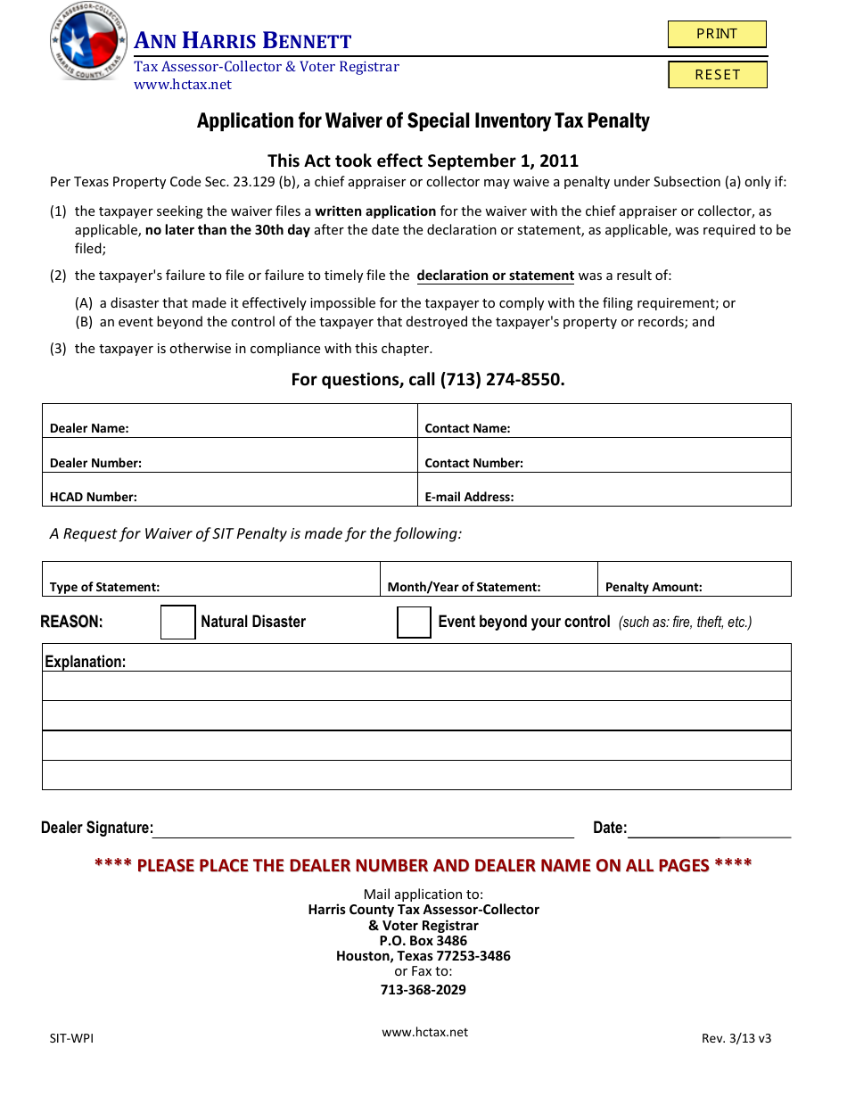 Form SIT-WPI Application for Waiver of Special Inventory Tax Penalty - Harris County, Texas, Page 1