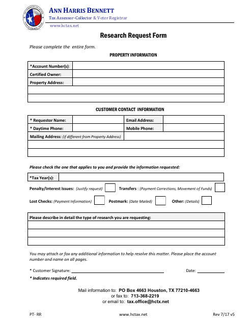 Form PT- RR Research Request Form - Harris Couty, Texas