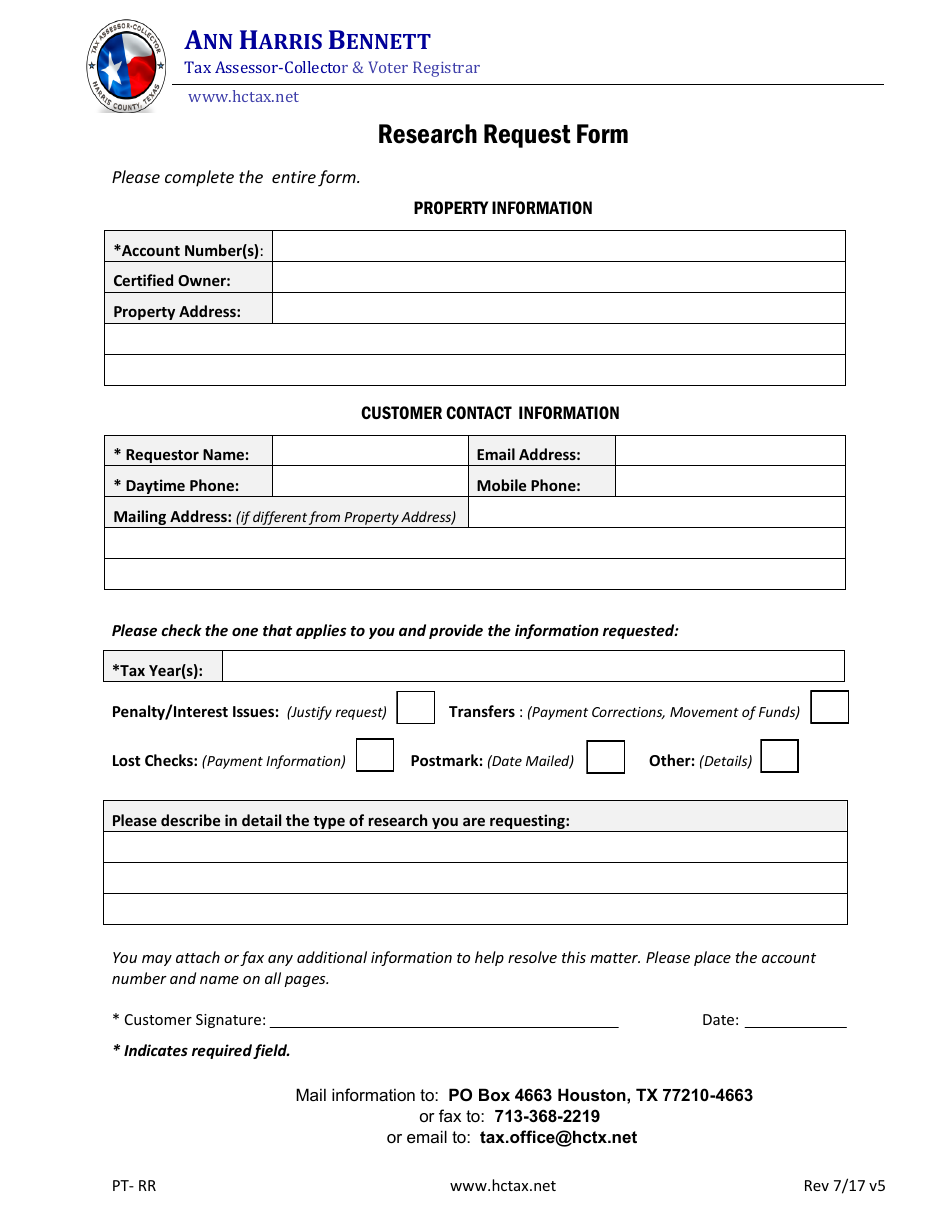 Form PT- RR Research Request Form - Harris Couty, Texas, Page 1