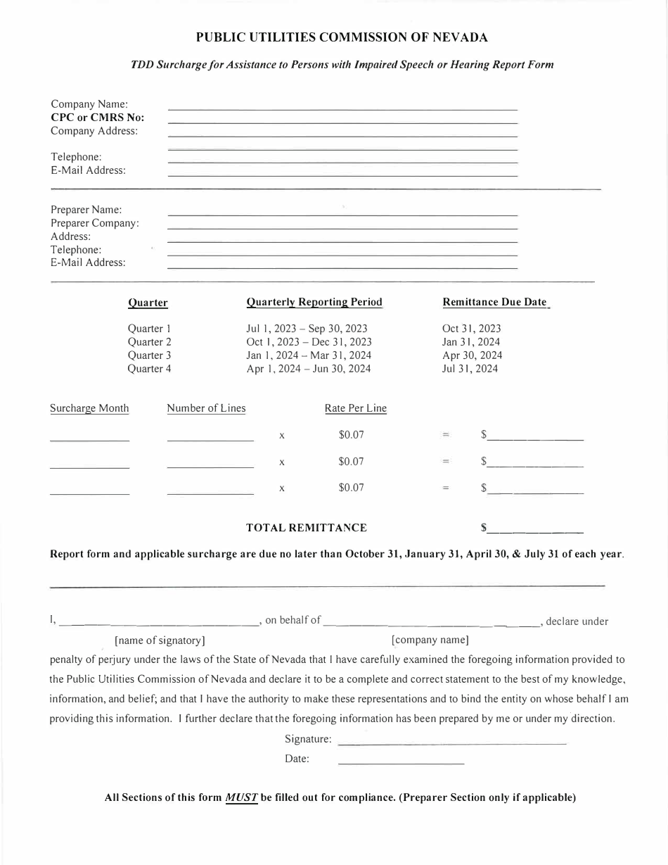 Tdd Surcharge for Assistance to Persons With Impaired Speech or Hearing Report Form - Nevada, Page 3