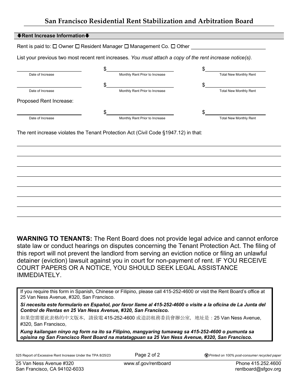 Report of Excessive Rent Increase Under the Tenant Protection Act - City and County San Francisco, California, Page 3