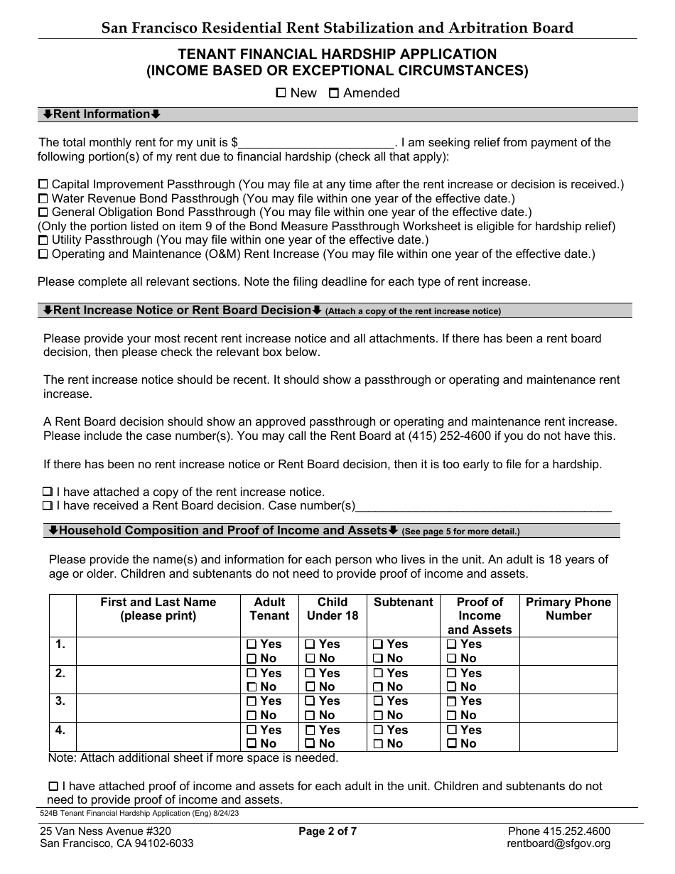Form 524B Tenant Financial Hardship Application (Income Based or Exceptional Circumstances) - City and County San Francisco, California, Page 3