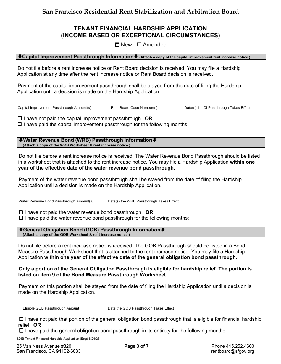 Form 524B Tenant Financial Hardship Application (Income Based or Exceptional Circumstances) - City and County San Francisco, California, Page 4