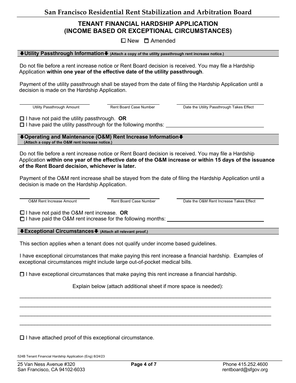 Form 524B Tenant Financial Hardship Application (Income Based or Exceptional Circumstances) - City and County San Francisco, California, Page 5