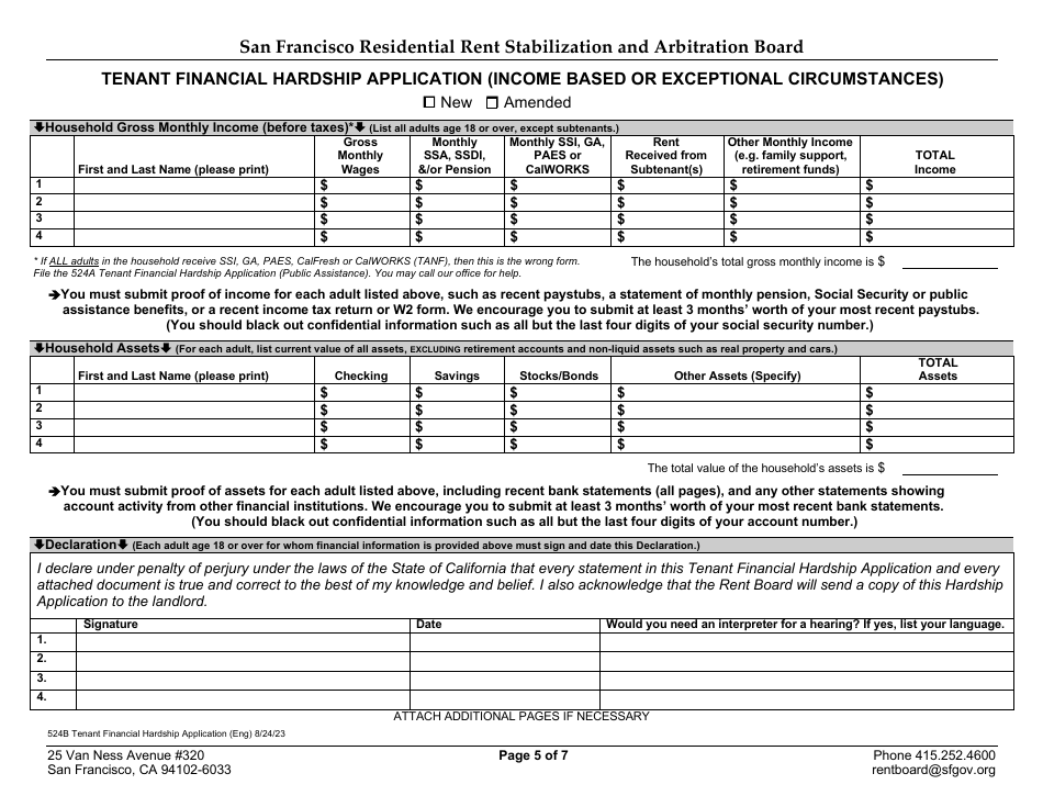 Form 524B Tenant Financial Hardship Application (Income Based or Exceptional Circumstances) - City and County San Francisco, California, Page 6