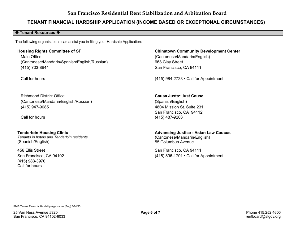 Form 524B Tenant Financial Hardship Application (Income Based or Exceptional Circumstances) - City and County San Francisco, California, Page 7