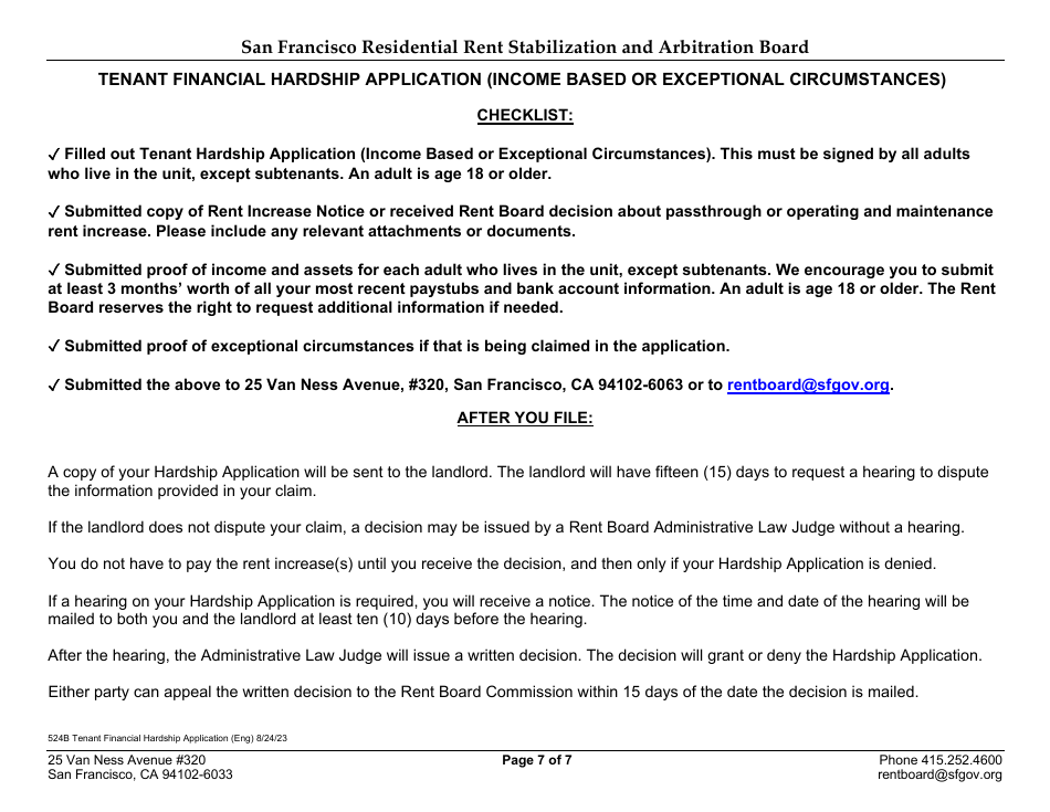 Form 524B Tenant Financial Hardship Application (Income Based or Exceptional Circumstances) - City and County San Francisco, California, Page 8