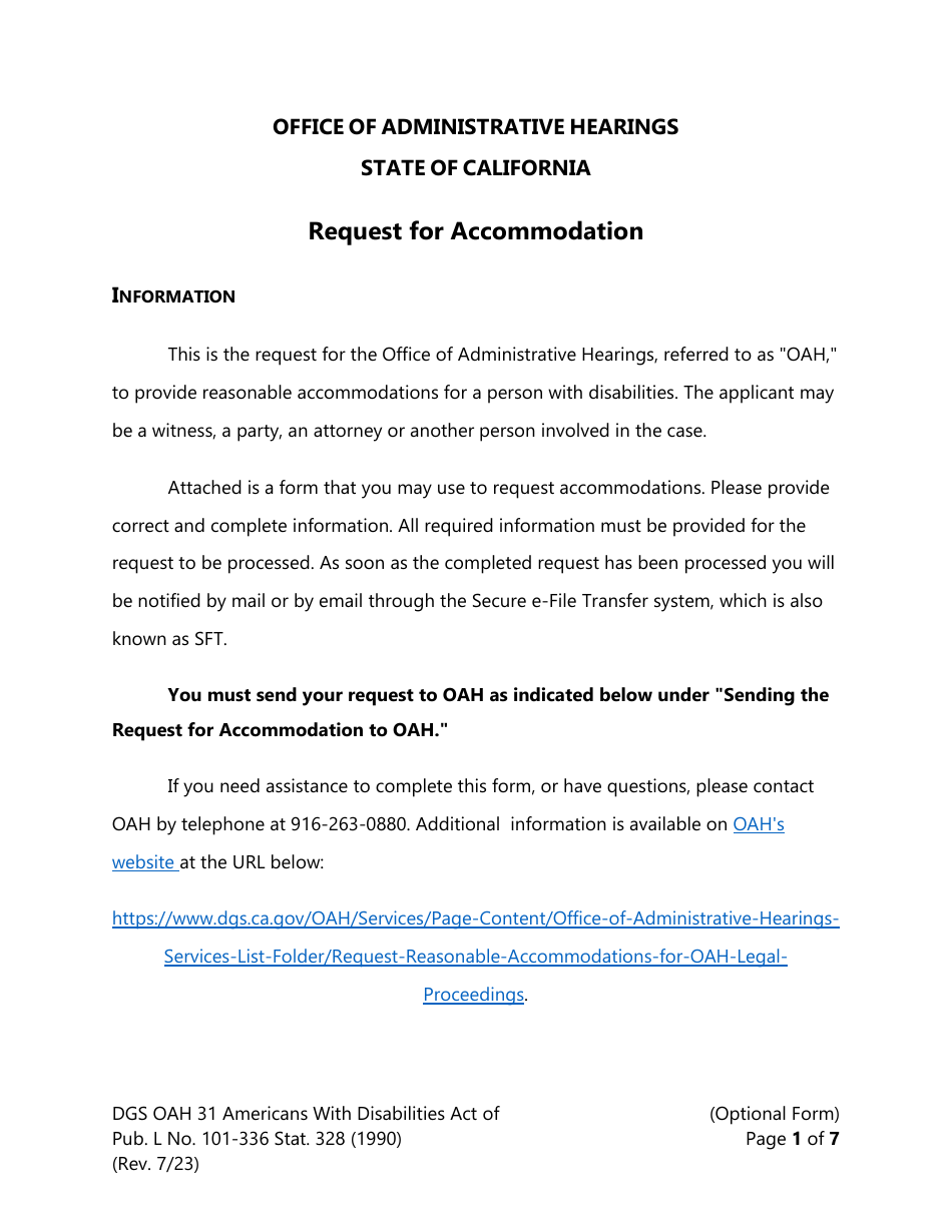 Form DGS OAH31 Request for Accommodation - California, Page 1