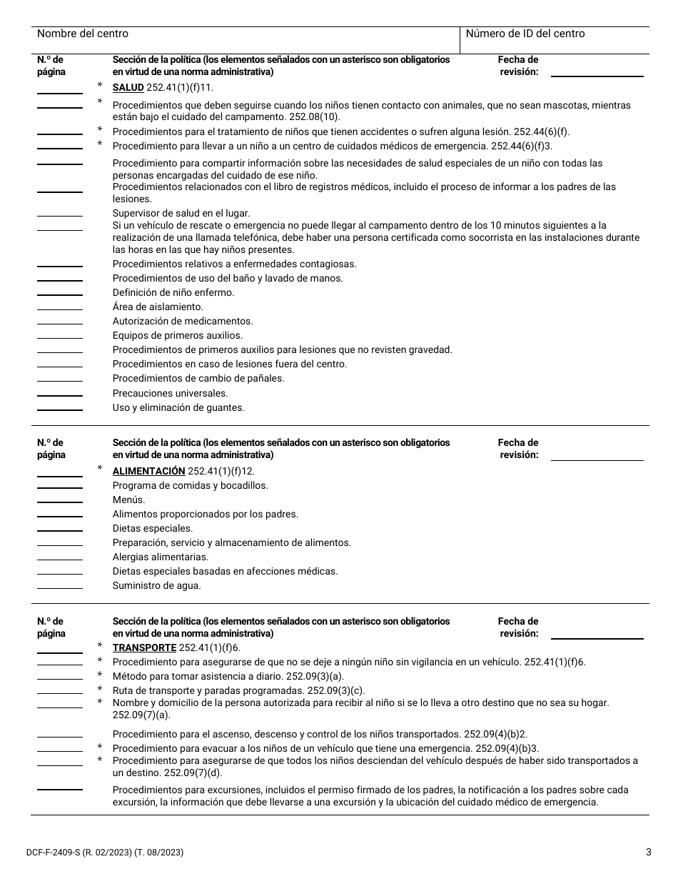 Formulario DCF-F-2409-S Lista De Verificacion De La Politica: Campamentos De Dia - Wisconsin (Spanish), Page 3