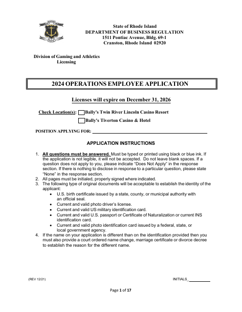 Operations Employee Application - Rhode Island, 2024