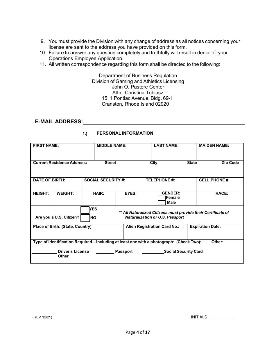 Operations Employee Application - Rhode Island, Page 4