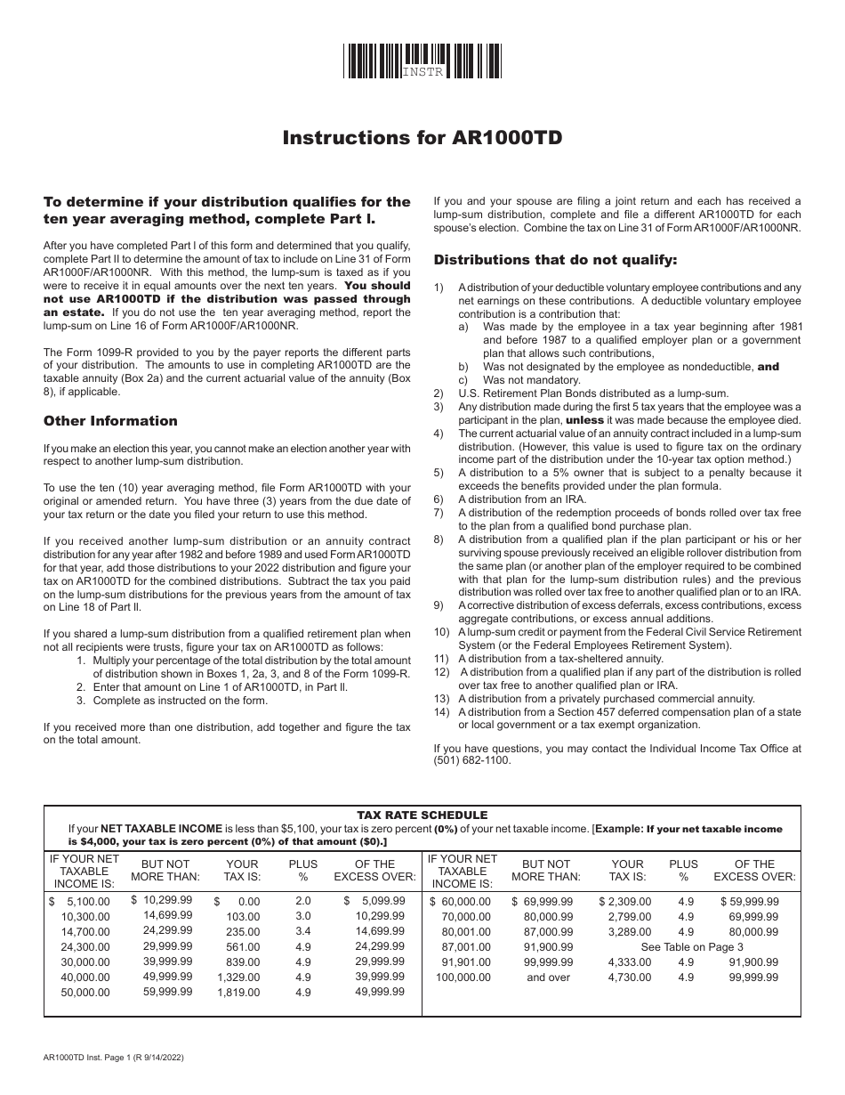 Instructions for Form AR1000TD Lump-Sum Distribution Averaging - Arkansas, Page 1