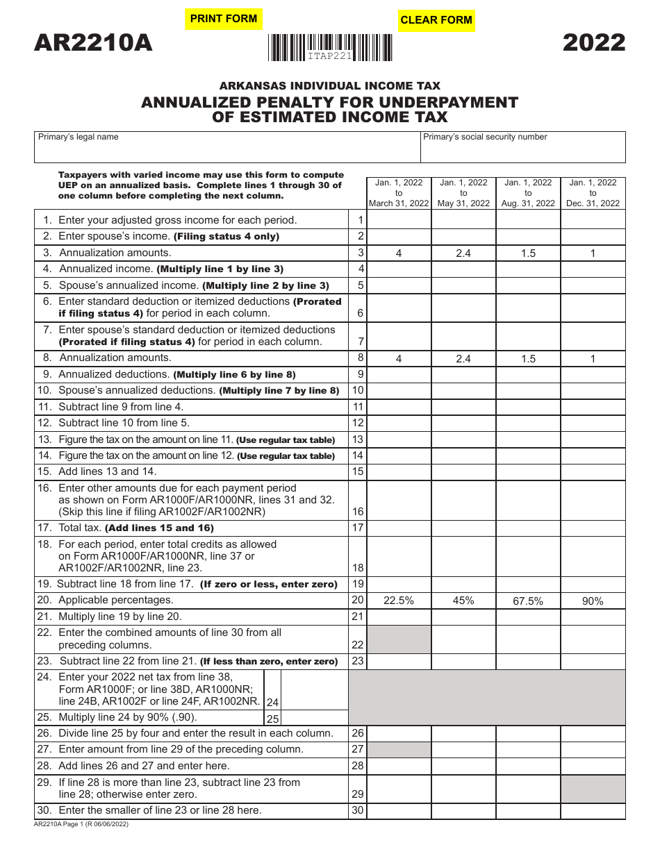 Form AR2210A Arkansas Individual Income Tax - Annualized Penalty for Underpayment of Estimated Income Tax - Arkansas, Page 1